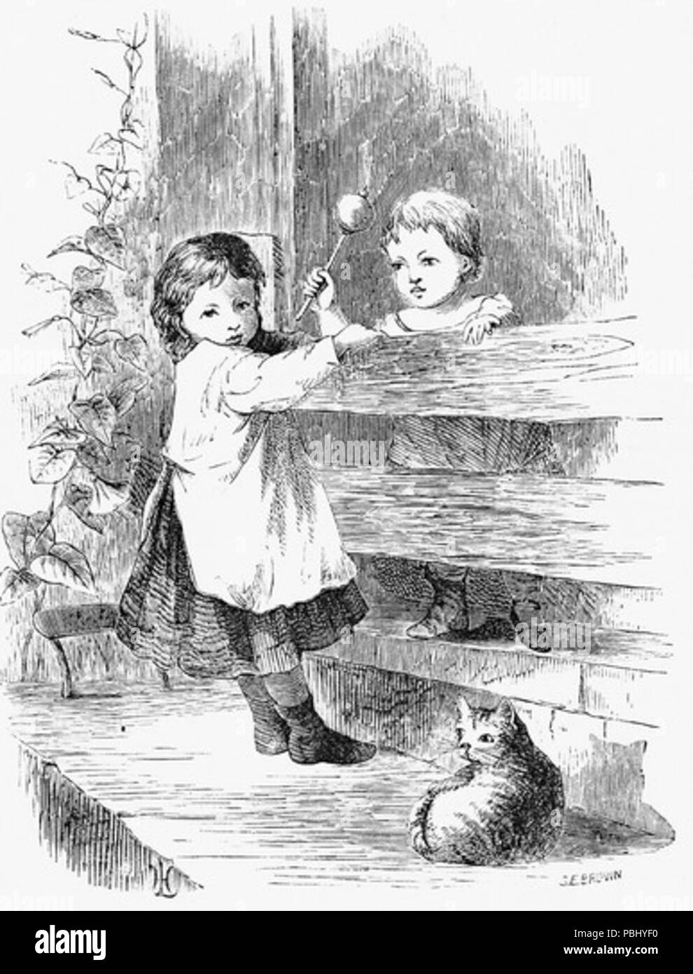 1782 Due i bimbi a condividere un sonaglio Foto Stock