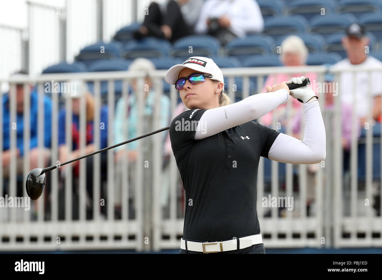 Jodi Ewart Shadoff in Inghilterra al primo tee durante il terzo giorno dell'Aberdeen Standard Investments Ladies Scottish Open 2018 presso il Gullane Golf Club. STAMPA ASSOCIAZIONE Foto, Foto data: Sabato 28 luglio 2018. Il credito fotografico dovrebbe essere: Jane Barlow/PA Wire. Foto Stock
