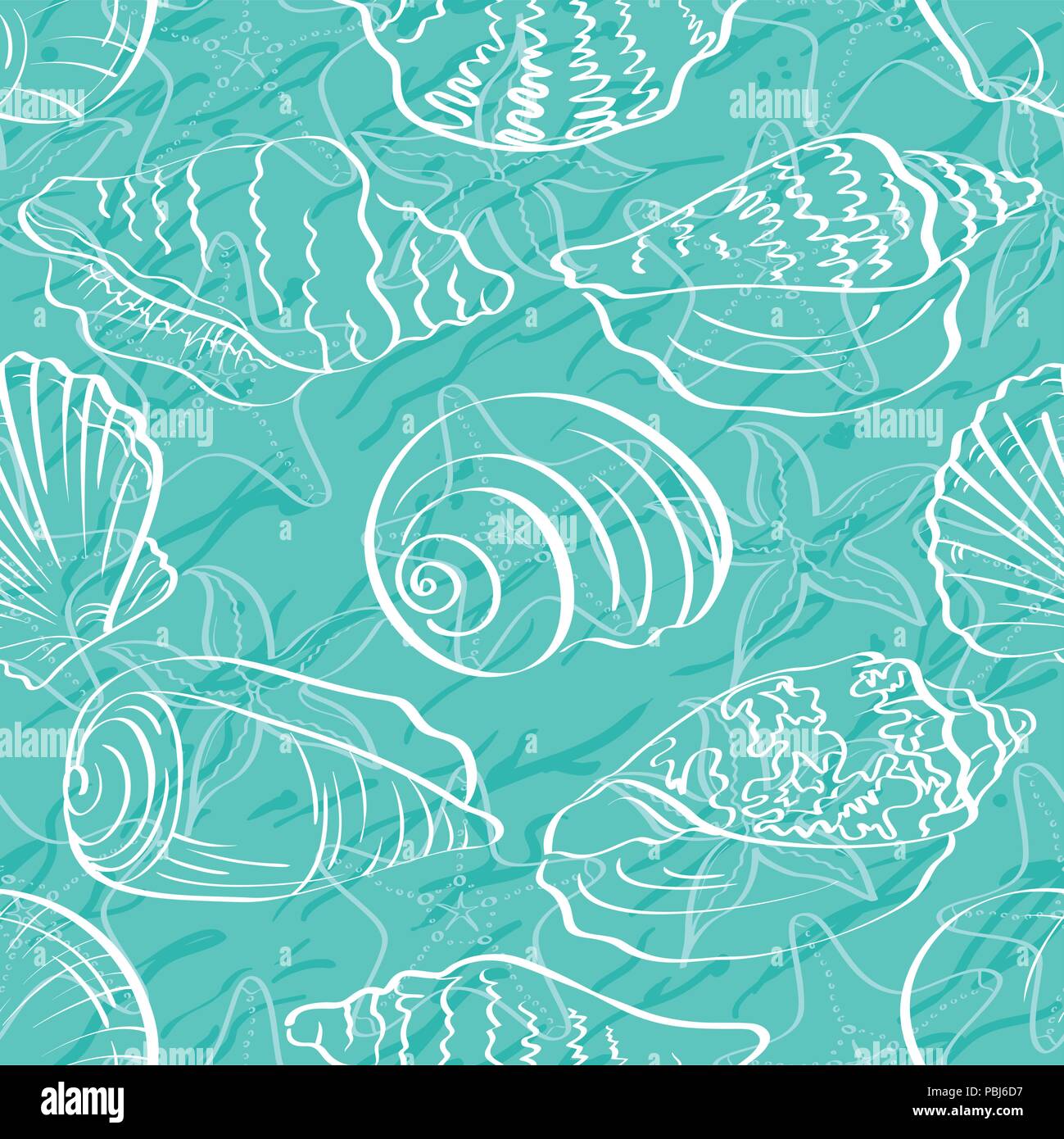 Sfondo senza giunture, contorno di conchiglie Illustrazione Vettoriale