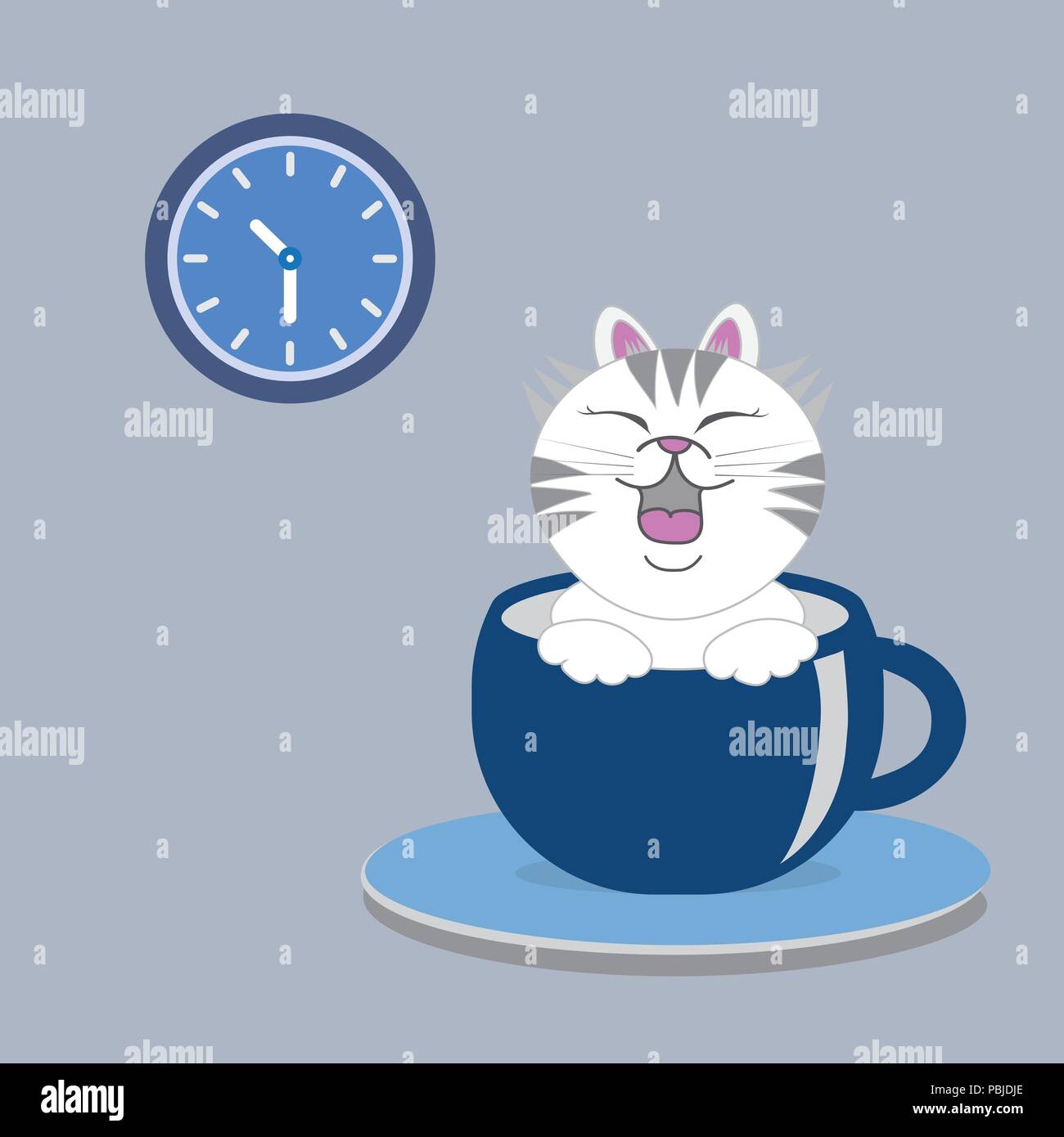 Tazze da caffè su piattini e cute cat, latte o caffè cappuccino, vettore di stile. Illustrazione Vettoriale