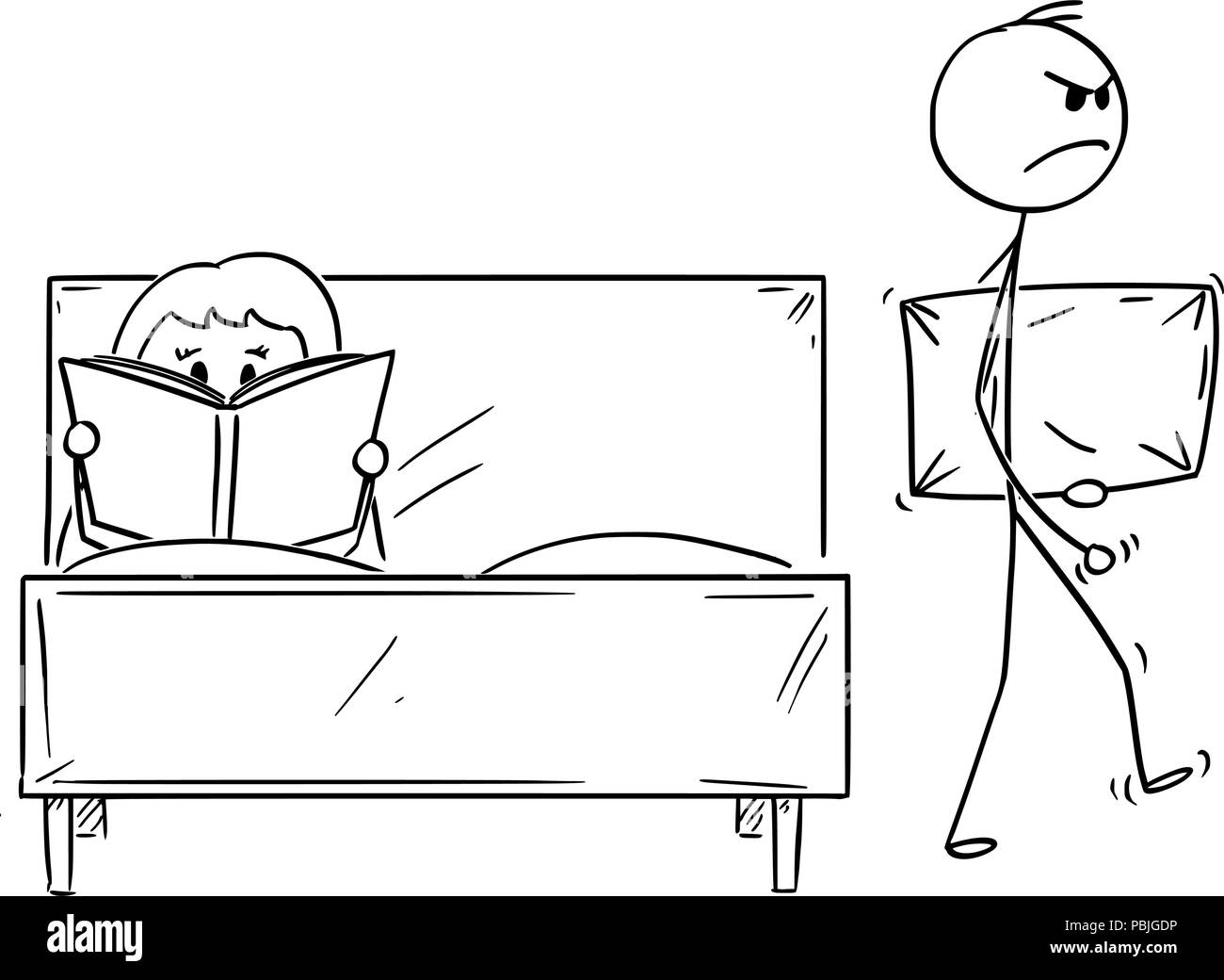 Cartoon di giovane, l uomo è stato respinto dalla donna e sta lasciando il letto con cuscino Illustrazione Vettoriale