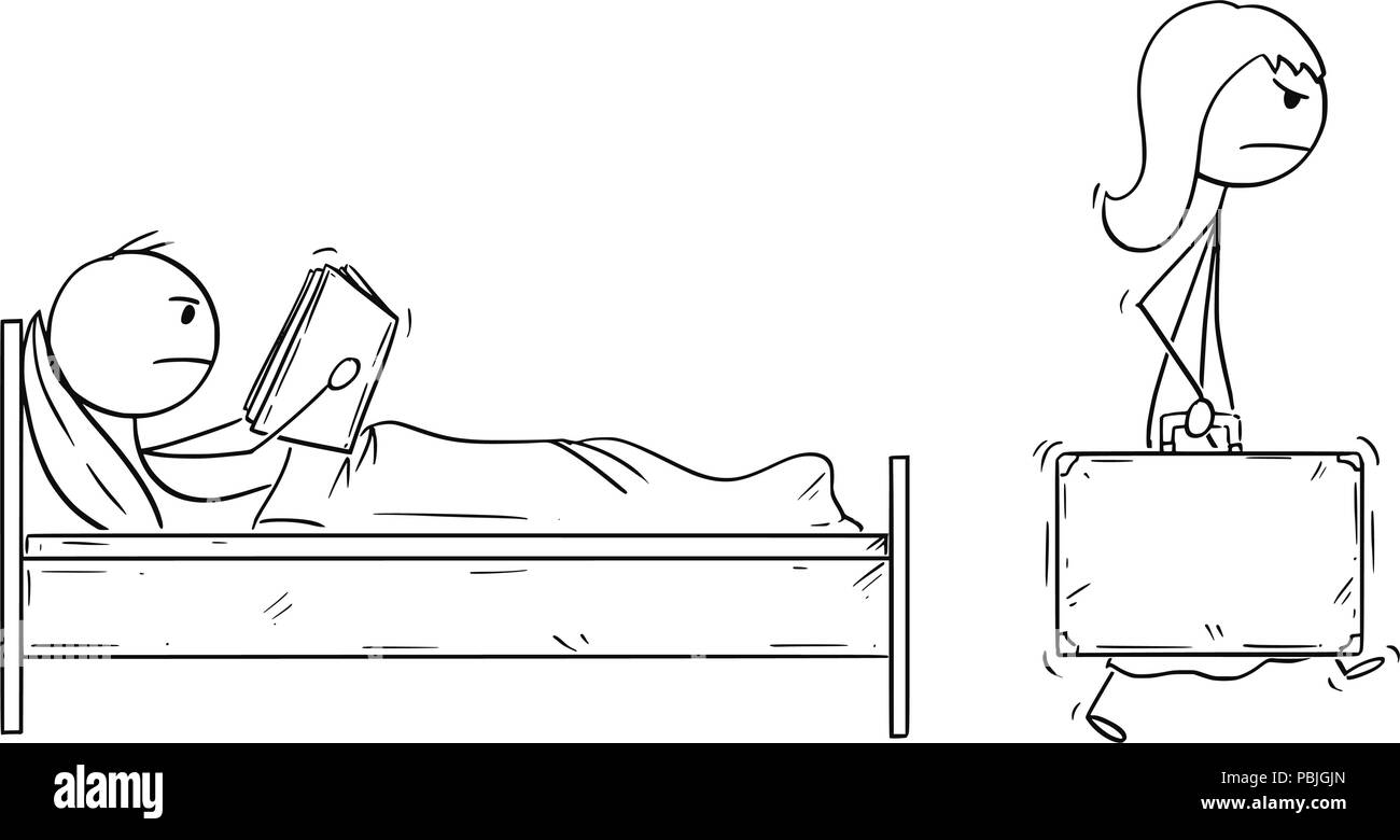 Cartoon di donna di uscire di casa e il marito con la valigia mentre l uomo è la lettura di libro a letto Illustrazione Vettoriale