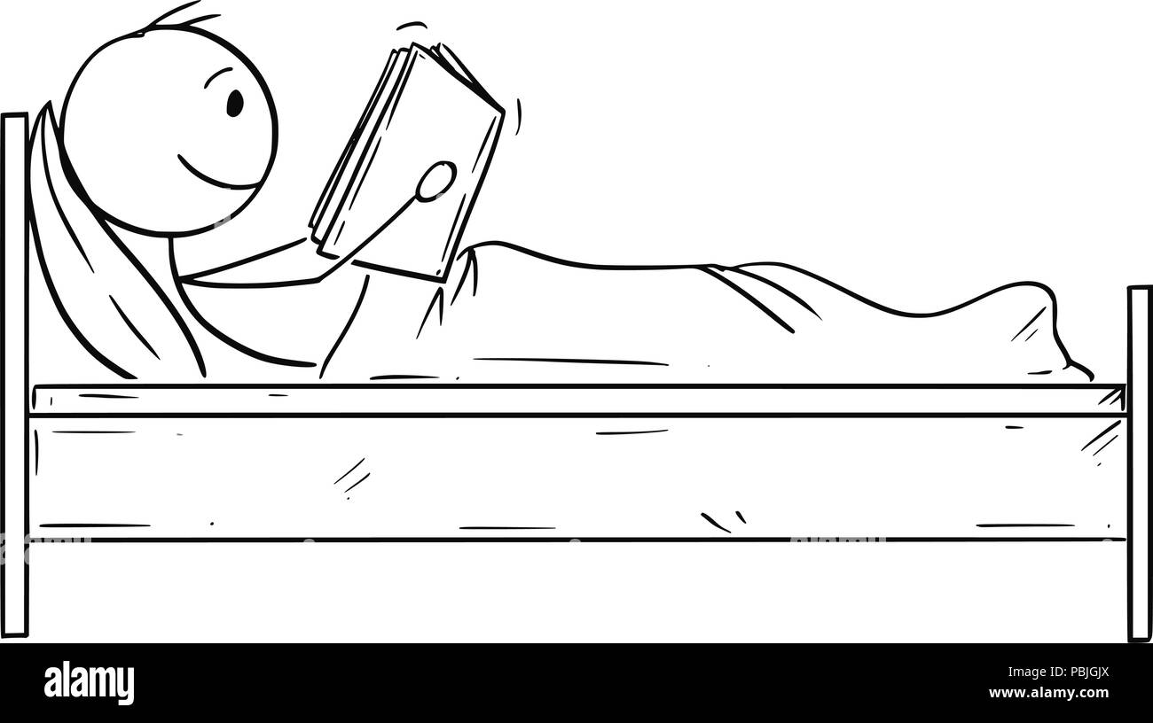 Cartoon di uomo felice di leggere un libro a letto Illustrazione Vettoriale