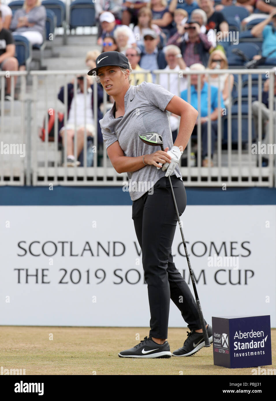 Il Mel Reid dell'Inghilterra sul primo tee durante il giorno tre del 2018 Aberdeen Standard Investments Ladies Scottish Open al Gullane Golf Club. STAMPA ASSOCIAZIONE Foto, Foto data: Sabato 28 luglio 2018. Il credito fotografico dovrebbe essere: Jane Barlow/PA Wire. Foto Stock