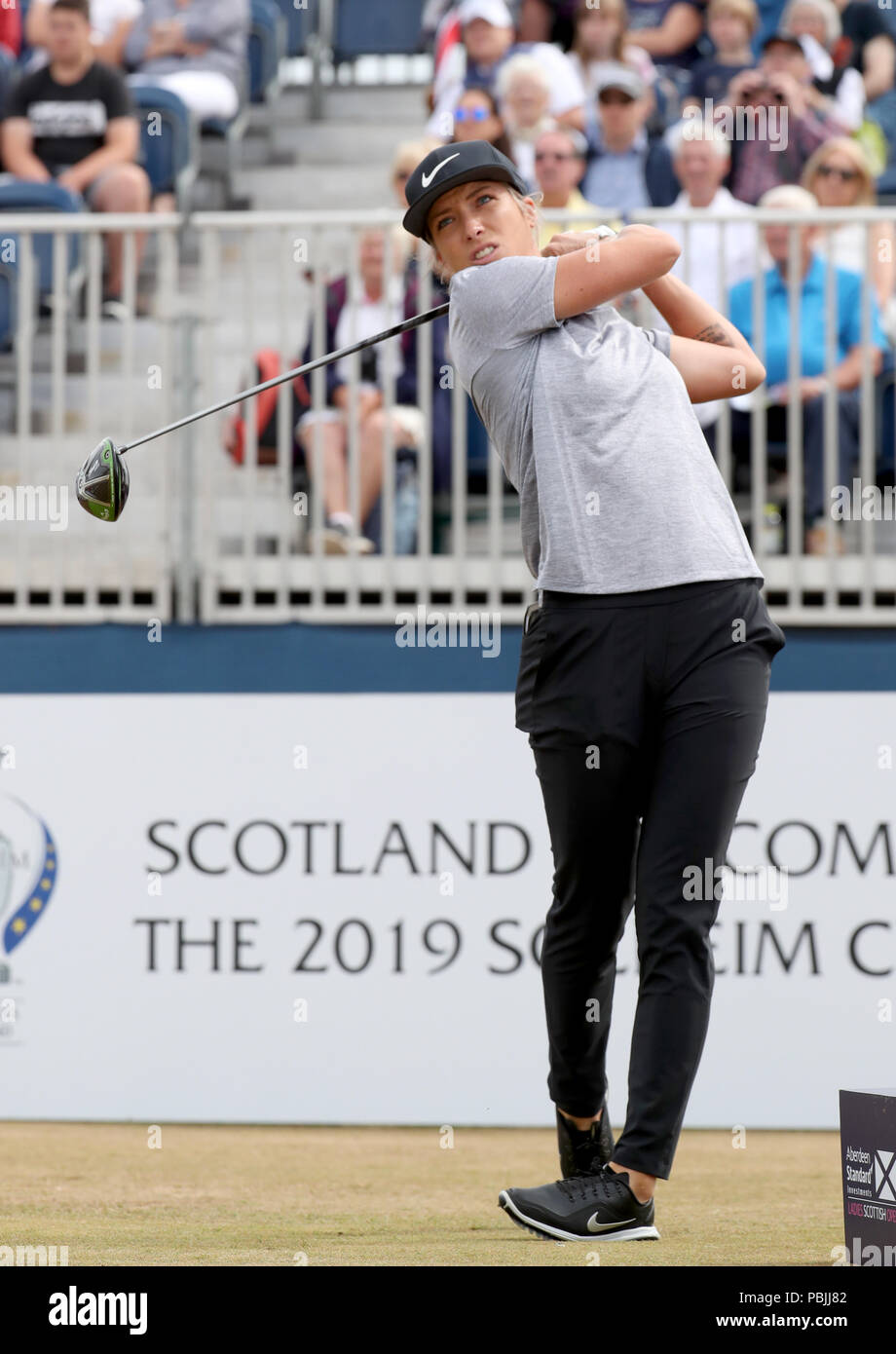 Il Mel Reid dell'Inghilterra sul primo tee durante il giorno tre del 2018 Aberdeen Standard Investments Ladies Scottish Open al Gullane Golf Club. STAMPA ASSOCIAZIONE Foto, Foto data: Sabato 28 luglio 2018. Il credito fotografico dovrebbe essere: Jane Barlow/PA Wire. Foto Stock