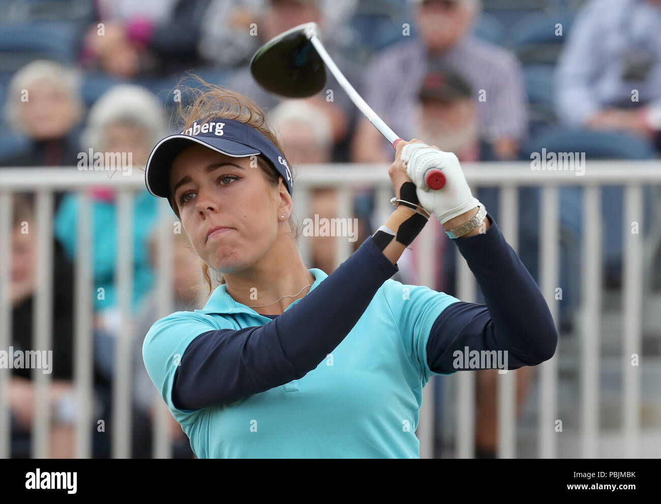 England's Georgia Hall al primo tee durante il terzo giorno dell'Aberdeen Standard Investments Ladies Scottish Open 2018 al Gullane Golf Club. STAMPA ASSOCIAZIONE Foto, Foto data: Sabato 28 luglio 2018. Il credito fotografico dovrebbe essere: Jane Barlow/PA Wire. Foto Stock