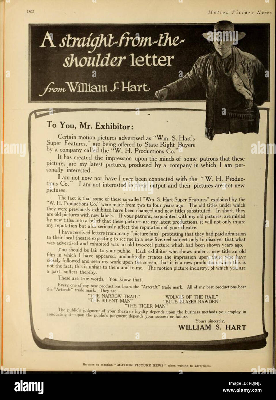 1859 William S. Hart lettera in Motion Picture News (1918), pagina 1802 Foto Stock