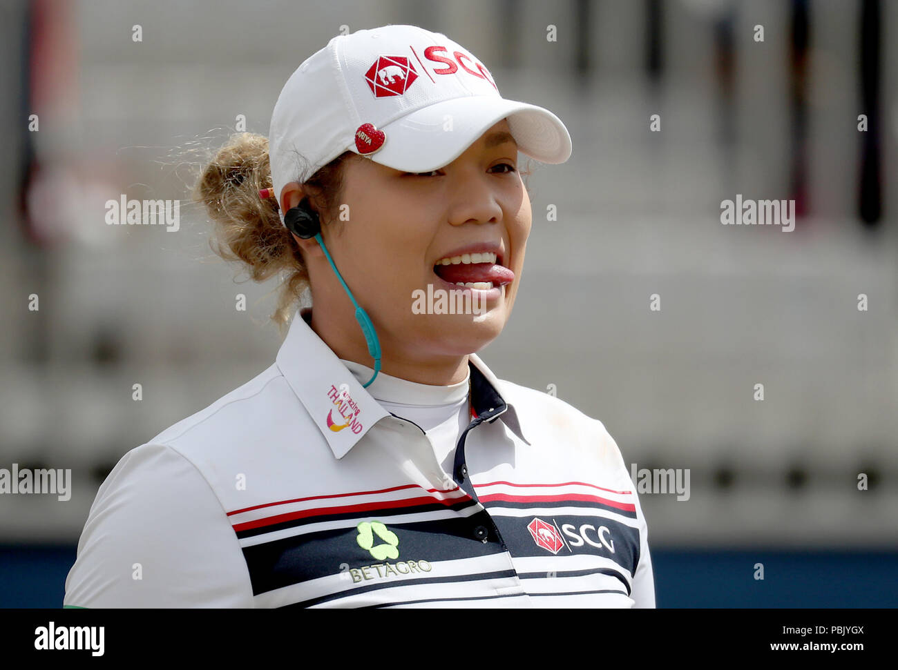 Ariya Jutanugarn in Thailandia al primo tee durante il terzo giorno dell'Aberdeen Standard Investments 2018 Ladies Scottish Open al Gullane Golf Club. STAMPA ASSOCIAZIONE Foto, Foto data: Sabato 28 luglio 2018. Il credito fotografico dovrebbe essere: Jane Barlow/PA Wire. Foto Stock