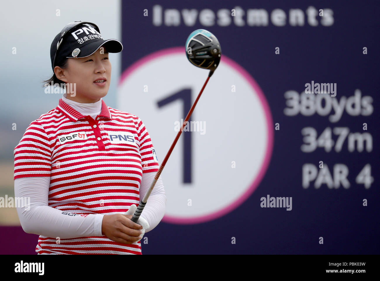 Republic of Korea's Amy Yang sul 1 ° tee durante il terzo giorno del 2018 Aberdeen Standard Investments Ladies Scottish Open al Gullane Golf Club. STAMPA ASSOCIAZIONE Foto, Foto data: Sabato 28 luglio 2018. Il credito fotografico dovrebbe essere: Jane Barlow/PA Wire. Foto Stock