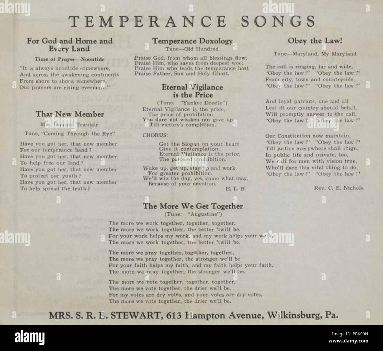 1603 Temperanza canzone Canto prenota Foto Stock