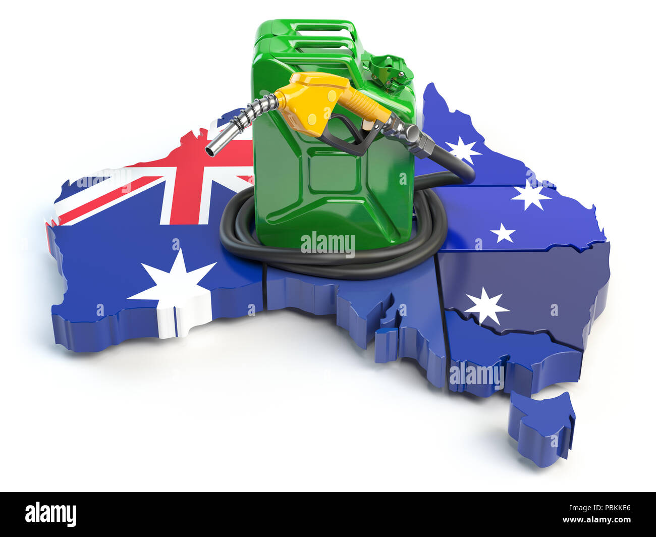 La benzina e il consumo di benzina e la produzione in Australia. Mappa di Australia con bidone e pompa a gas ugello. 3d illustrazione Foto Stock
