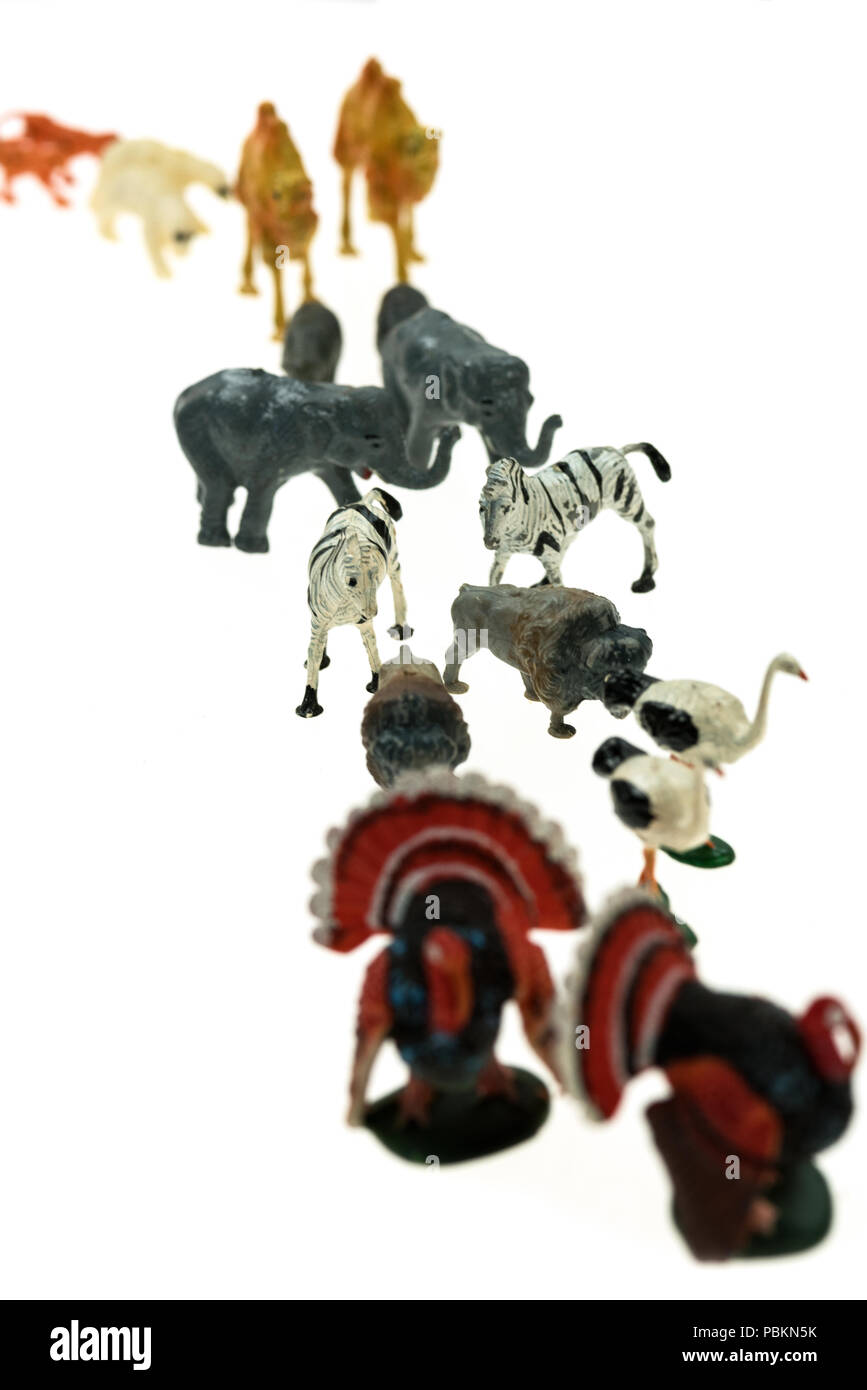 Animali di giocattolo da un'annata l'Arca di Noè giocare insieme, fotografato su uno sfondo bianco. Foto Stock