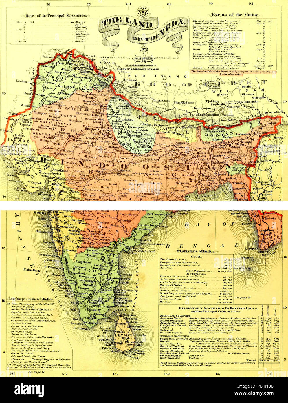 . Inglese: Mappa di Hindoostan (ora India, Pakistan, Bangladesh), con annotazioni sul Sepoy ammutinamento. pubblicato 1895 884 Terra dei Veda - India mappa Foto Stock