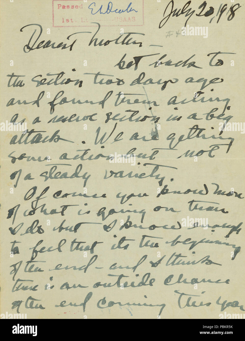 899 Lettera da (Sidney) Towner (Phelan) a sua madre, luglio 20, 1918 Foto Stock