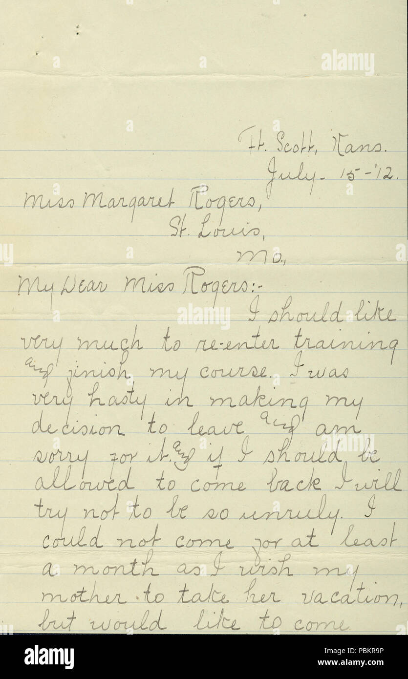 901 Lettera da Gertrude Schoen a Miss Margaret Rogers, 15 agosto 1912 Foto Stock