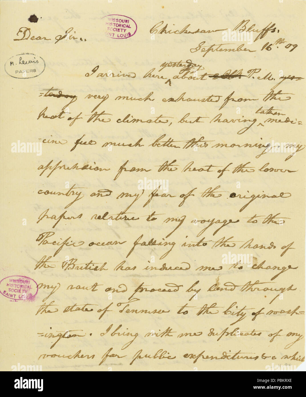 903 Lettera di Meriwether Lewis, Chickasaw Bluffs, a James Madison Esqr, 16 Settembre 1809 Foto Stock