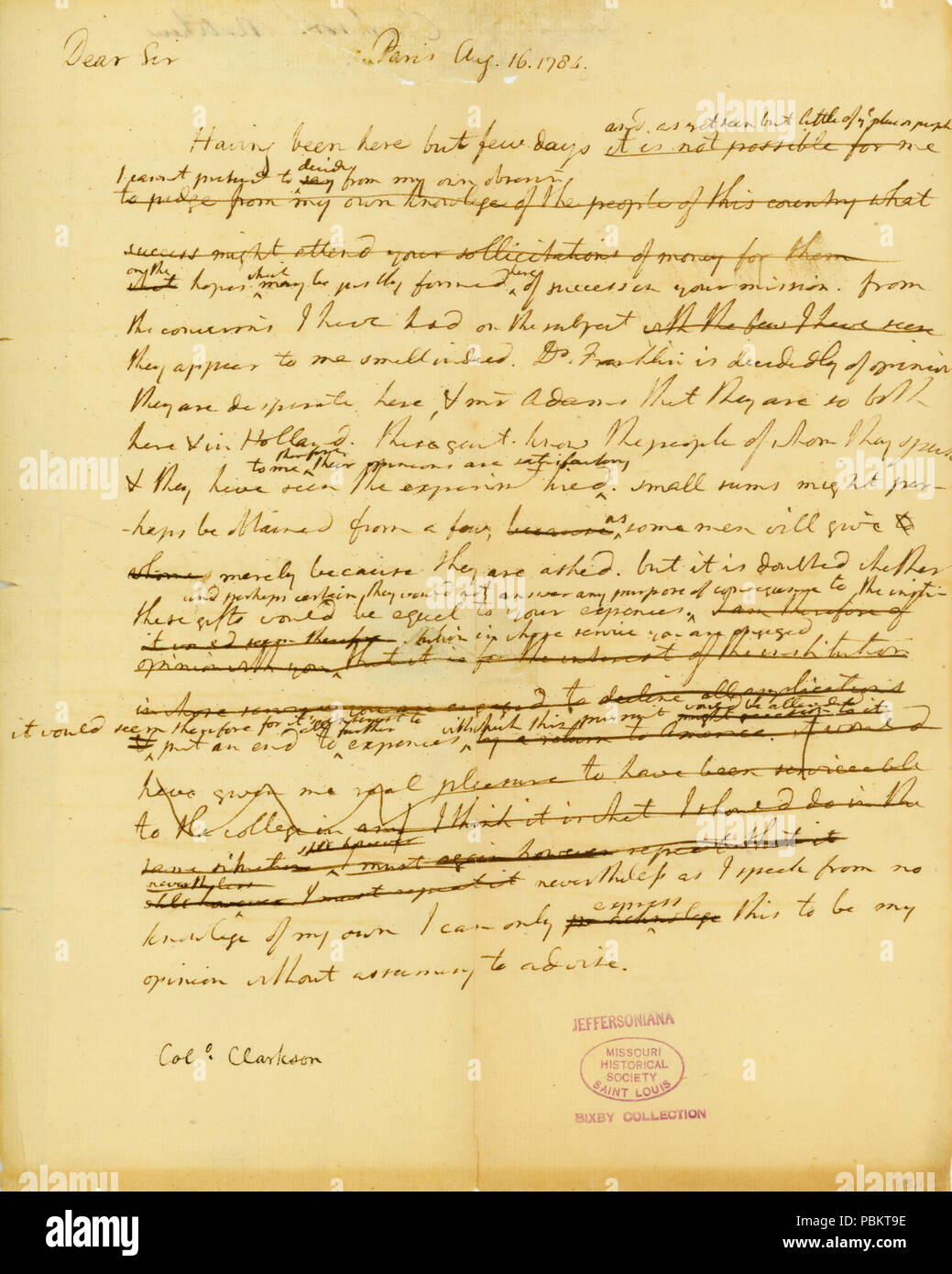 905 Lettera di Thomas Jefferson, Parigi, al Col. Matthew Clarkson, Agosto 16, 1784 Foto Stock