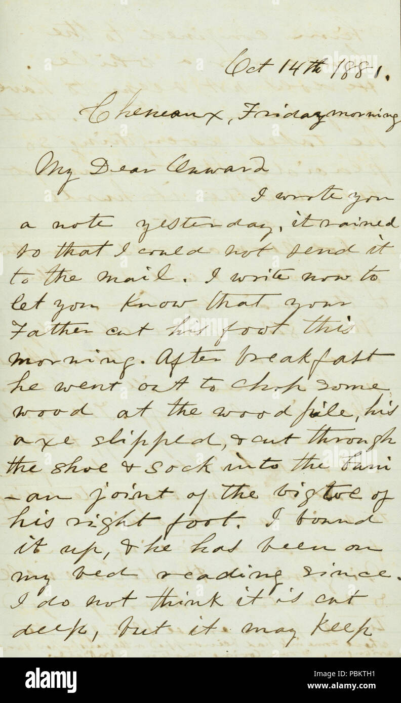 906 lettera firmata Caroline M. Bates, Cheneaux, a Onward Bates, 14 Ottobre 1881 Foto Stock