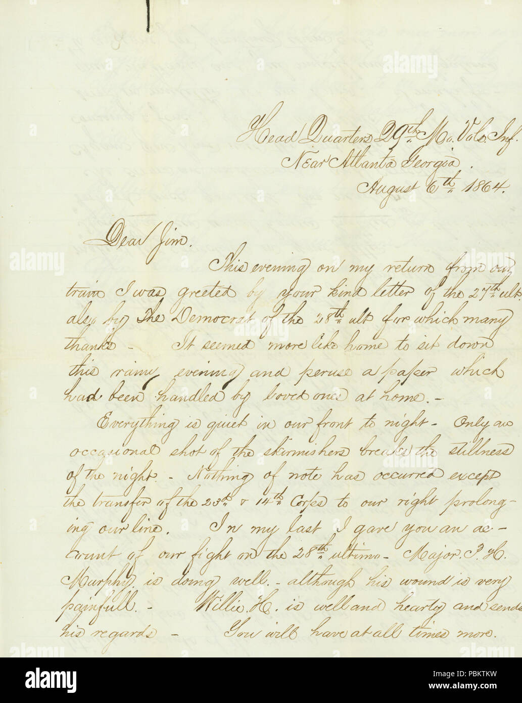 906 lettera firmata David Allan, Jr., capo quarti 29Mo. Voll Inf., vicino ad Atlanta, Georgia, a Jim Allan, Saint Louis, Missouri, 6 Agosto 1864 Foto Stock