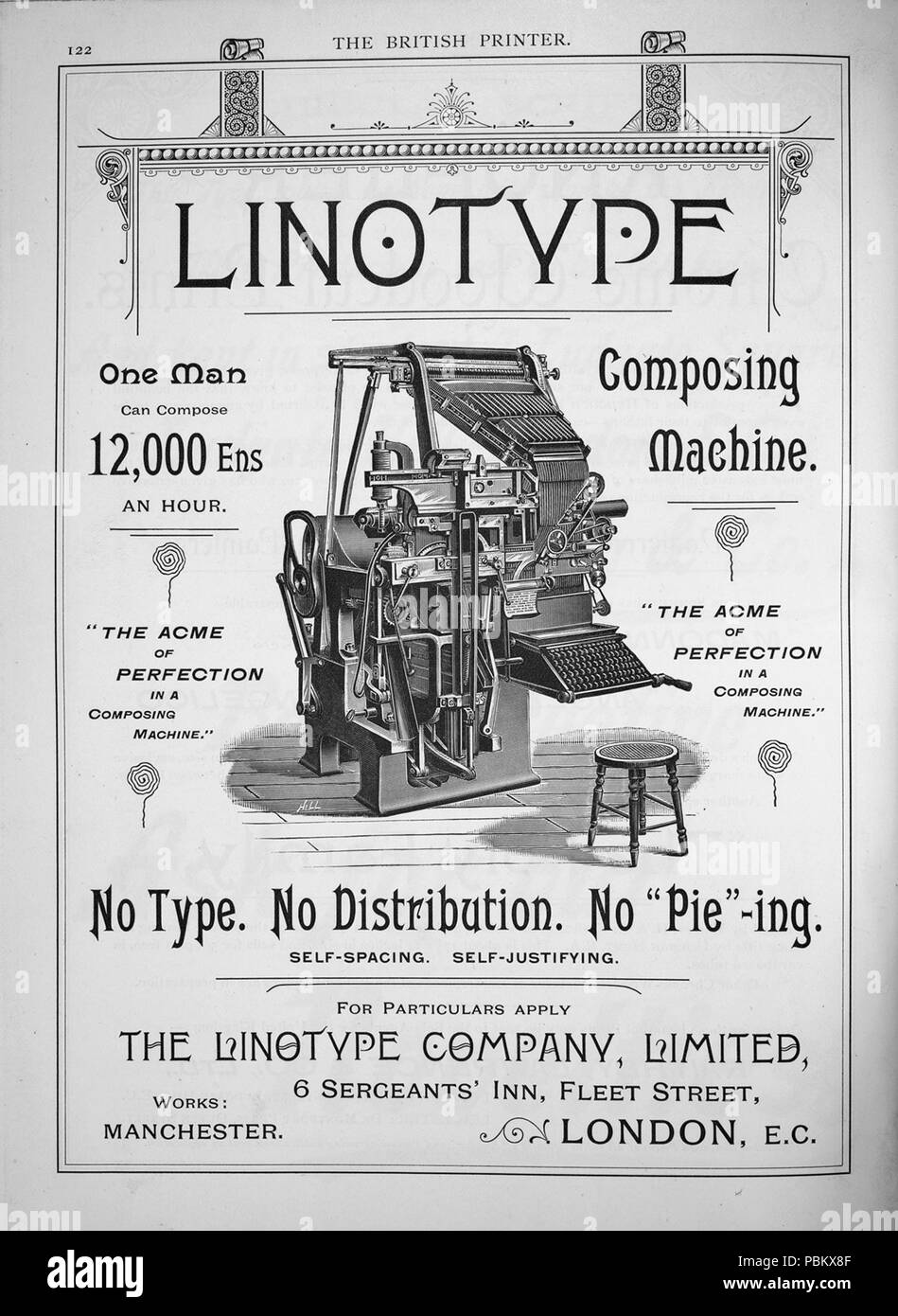 924 Linotype annuncio in British stampante Foto Stock