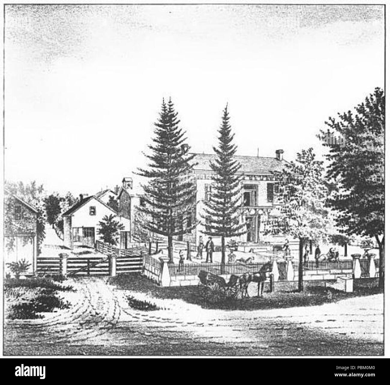 . Inglese: Rappresentazione artistica della campana di Hiram Casale, situato a 43628 Statale Route 517 in Fairfield Township, Columbiana County, Ohio, Stati Uniti, Sud della città di Columbiana. Costruito nel 1850, la casa e gli edifici adiacenti sono elencati come un quartiere storico sul Registro Nazionale dei Luoghi Storici. prima del 1880: la fonte libro fu pubblicato nel 1879 760 Hiram Bell Cascina nel XIX secolo Foto Stock