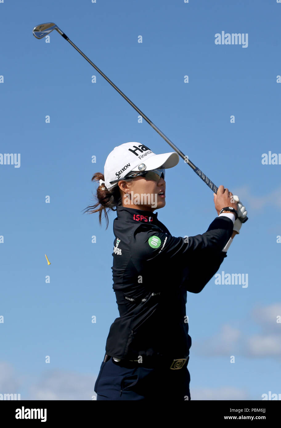 L'Australia's Minjee Lee sul diciassettesimo tee durante il terzo giorno dell'Aberdeen Standard Investments Ladies Scottish Open 2018 al Gullane Golf Club. STAMPA ASSOCIAZIONE Foto, Foto data: Sabato 28 luglio 2018. Il credito fotografico dovrebbe essere: Jane Barlow/PA Wire. Foto Stock