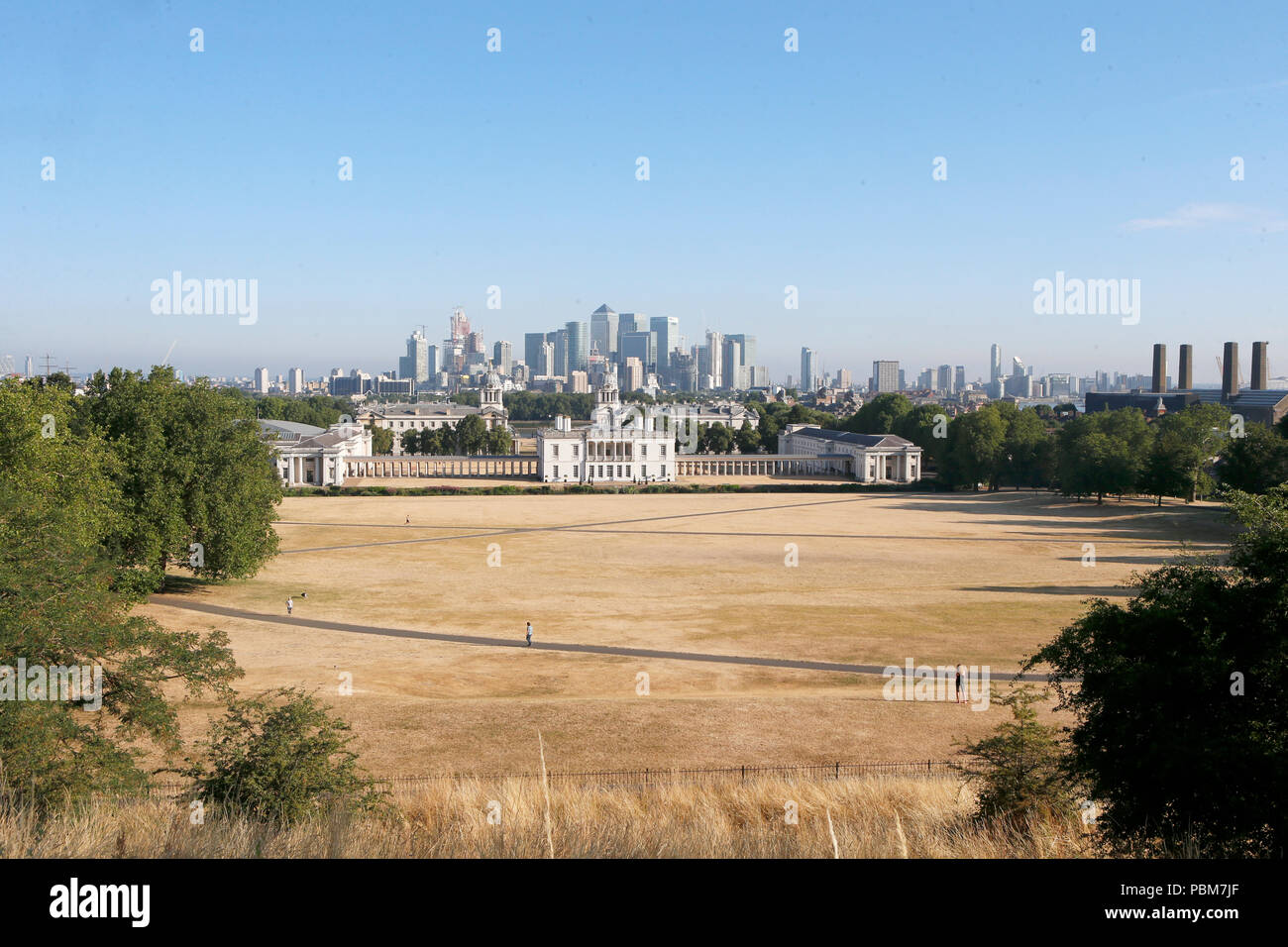 Arida di erba a Greenwich Park, Londra durante il 2018 ondata di caldo. Foto Stock