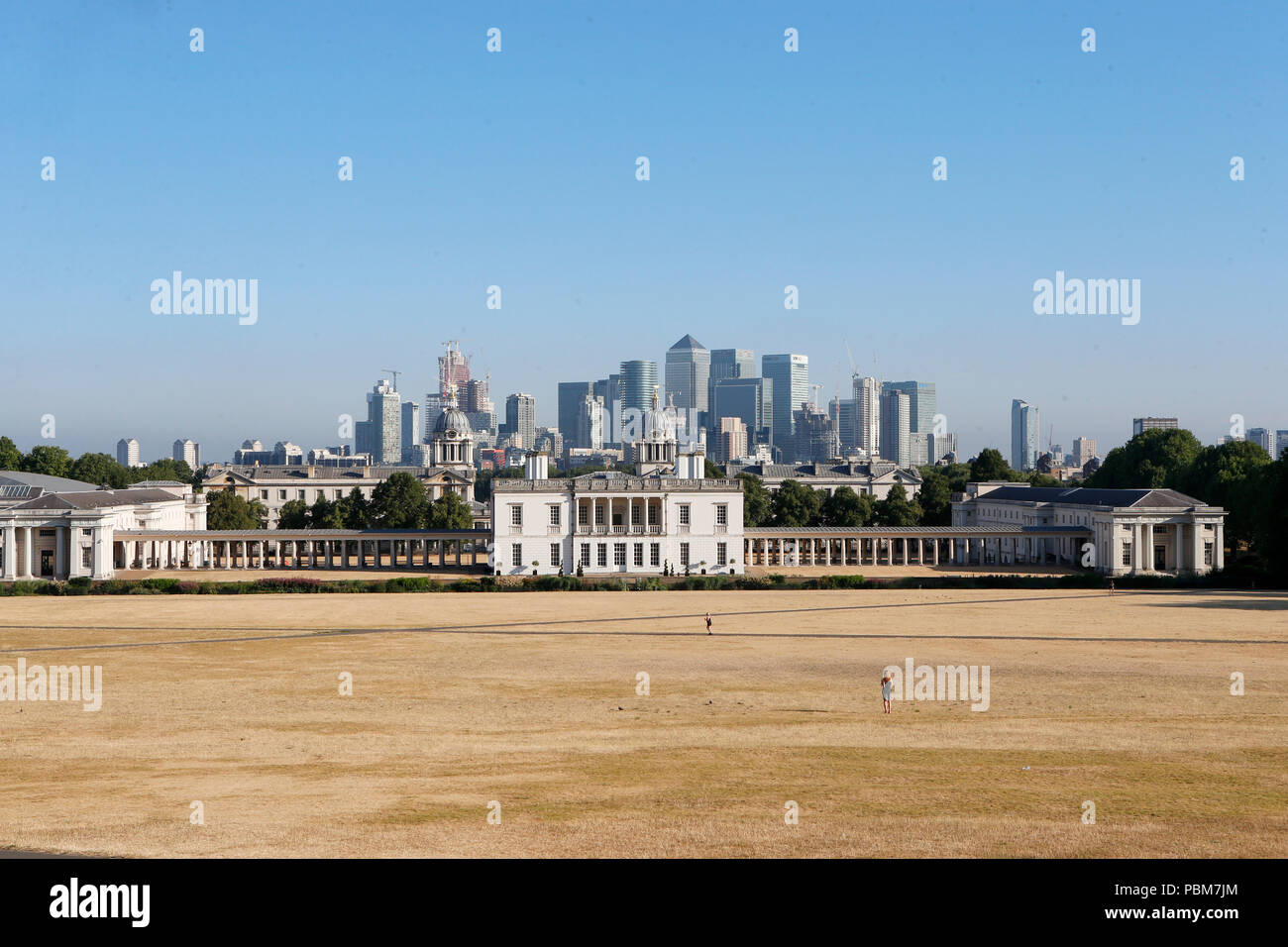 Arida di erba a Greenwich Park, Londra durante il 2018 ondata di caldo. Foto Stock