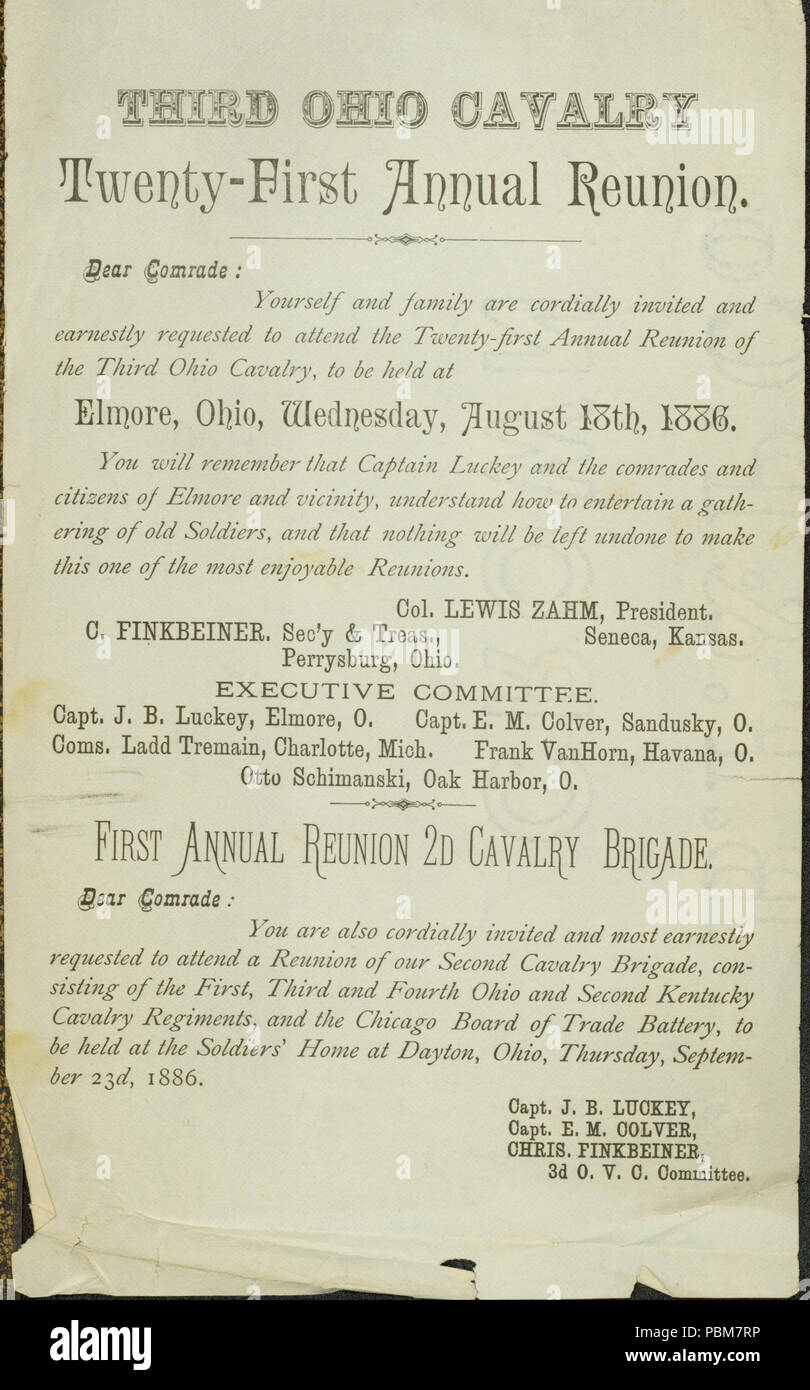 810 Invito alla ventunesima riunione annuale del 3° Ohio Cavalleria., 1886 Foto Stock