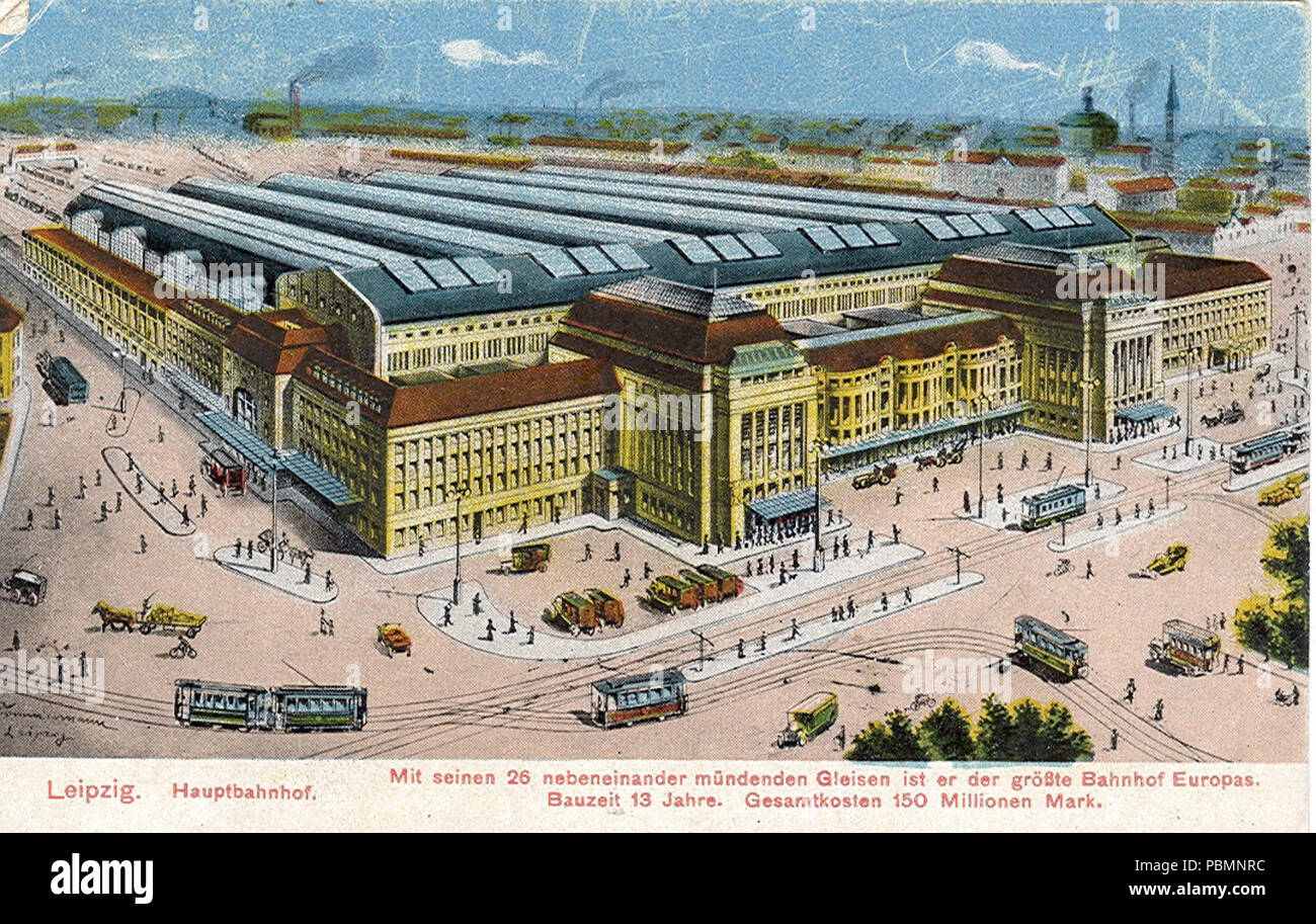 . Postkarte, undatiert ( ca.1914 ). Beschriftung: 'Leipzig - Hauptbahnhof. Mit 26 nebeneinander mündenden Gleisen er ist der größte Bahnhof Europas. Bauzeit 13 Jahre. Gesamtkosten 150 Millionen Mark.' . circa 1914 895 Leipzig - Hauptbahnhof 1 Foto Stock