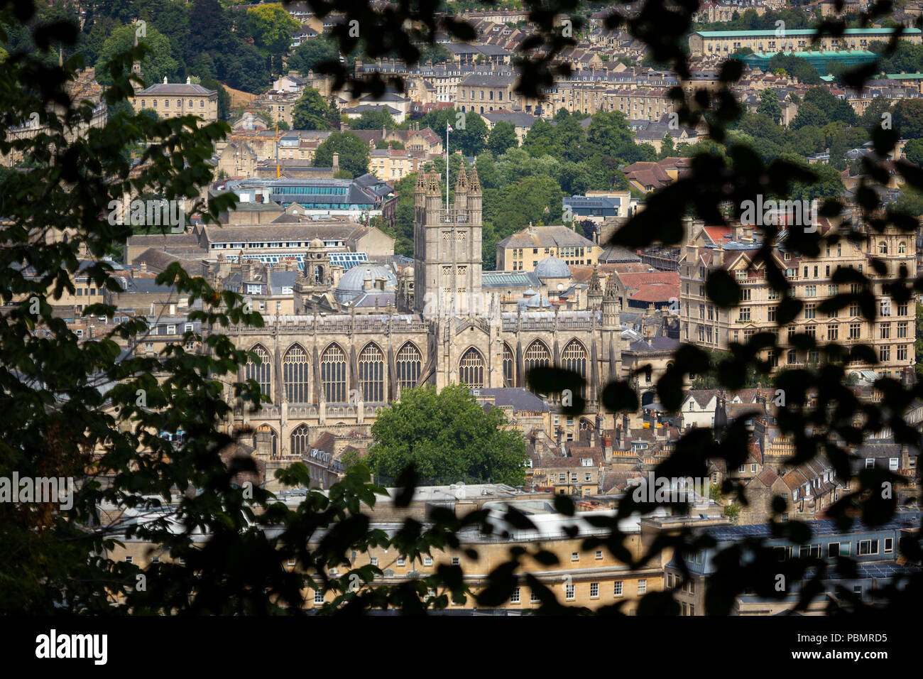 Abbazia di Bath visto attraverso gli alberi da un punto di vista alto sopra la città di Bath in Inghilterra Foto Stock