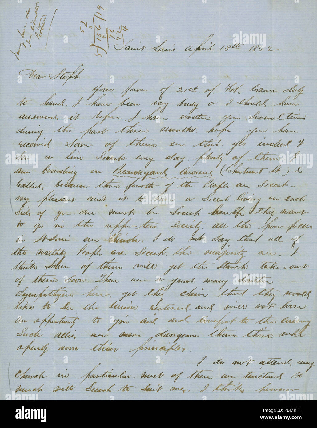 909 lettera firmata J.M. Bemis, Saint Louis, a Steph (Stephen A. Bemis), 13 aprile 1862 Foto Stock
