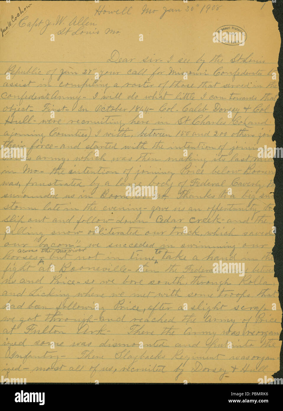 910 lettera firmata John W. Coshow, Howell, Missouri, di J.W. Allen (James W. ALLEN), St. Louis, 30 Gennaio 1908 Foto Stock