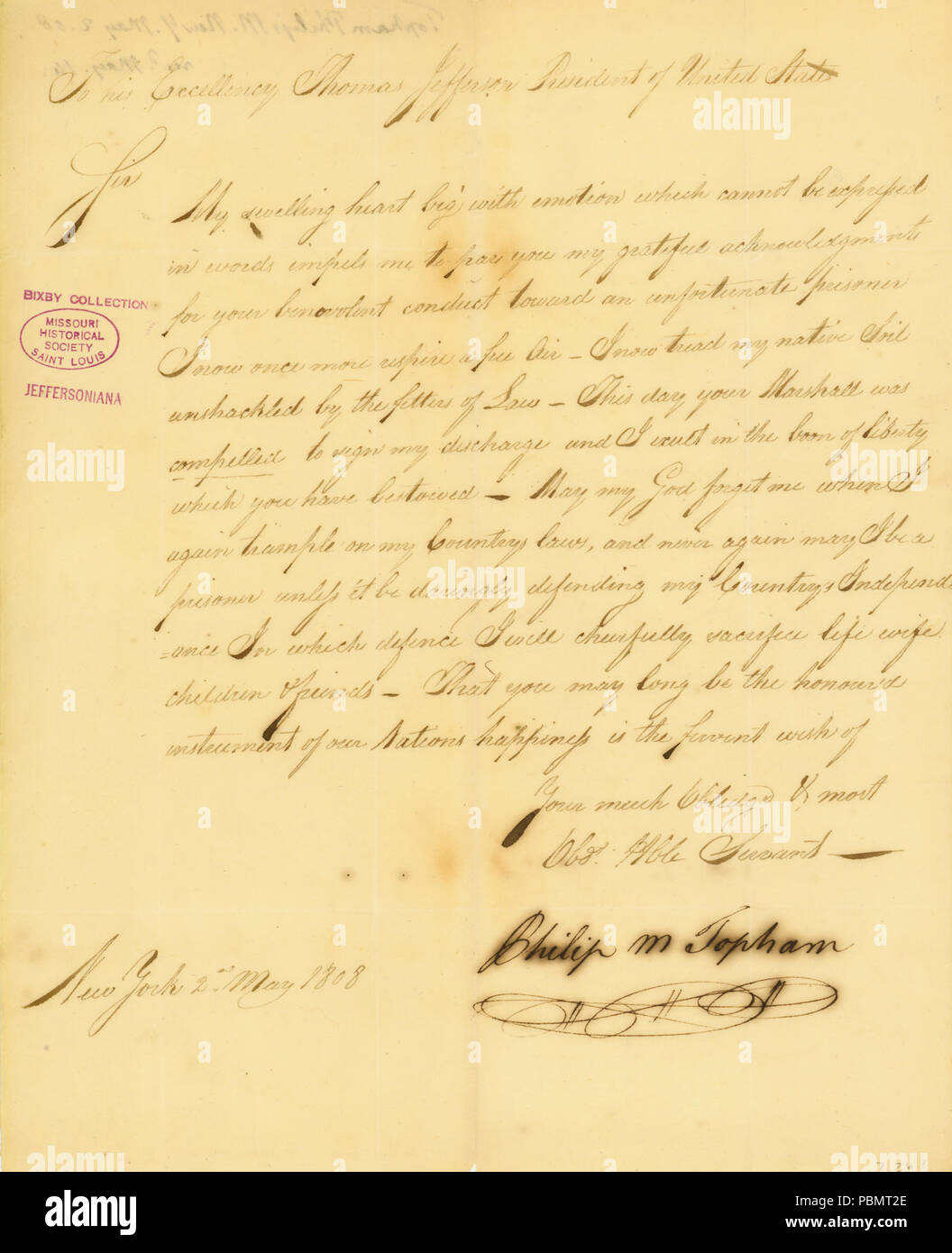 911 lettera firmata Phillip M. Topham, New York, di Thomas Jefferson, 2 maggio 1808 Foto Stock