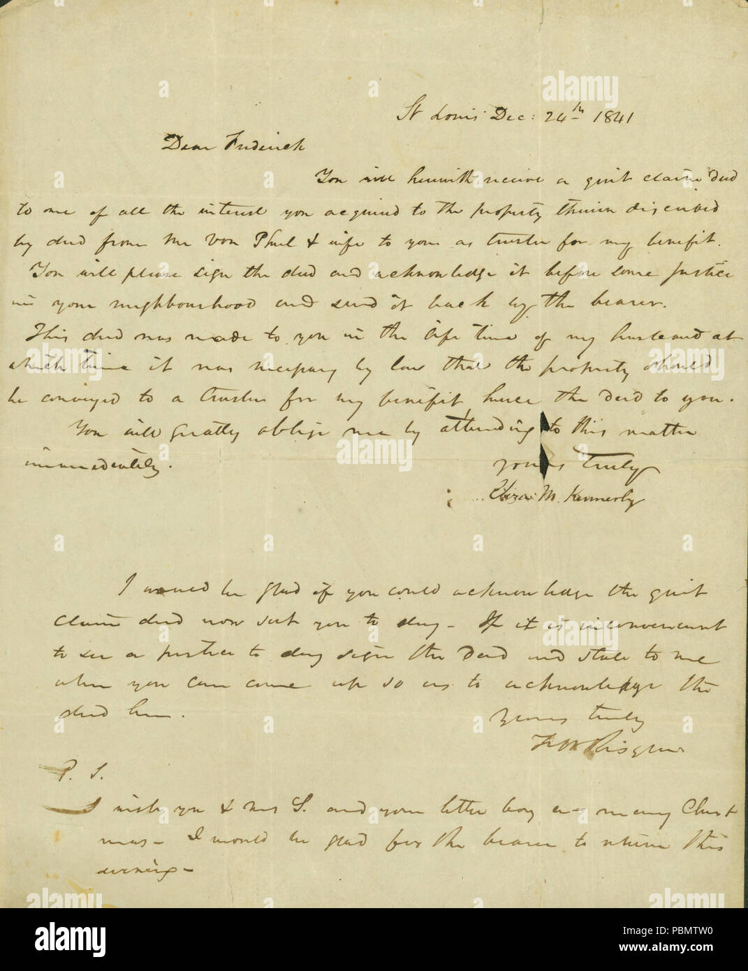 915 Lettera a Federico Saugrain da Eliza Kennerly, Dicembre 24, 1841 Foto Stock