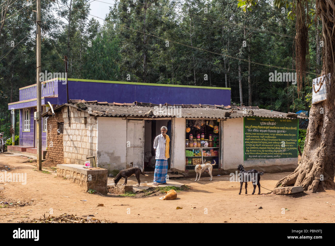 Belathur, Karnataka, India - 1 Novembre 2013: proprietario si erge davanti all umile fruttivendolo costruire in pietra con cani e una capra. Robusto costruito una casa Foto Stock