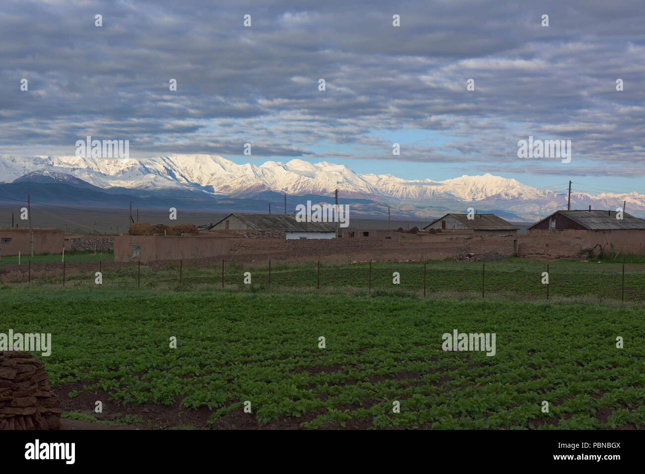 7.000 metri di Picco Lenin e l'alto Pamirs all inizio del Pamir Highway, Sary Tash, Kirghizistan Foto Stock