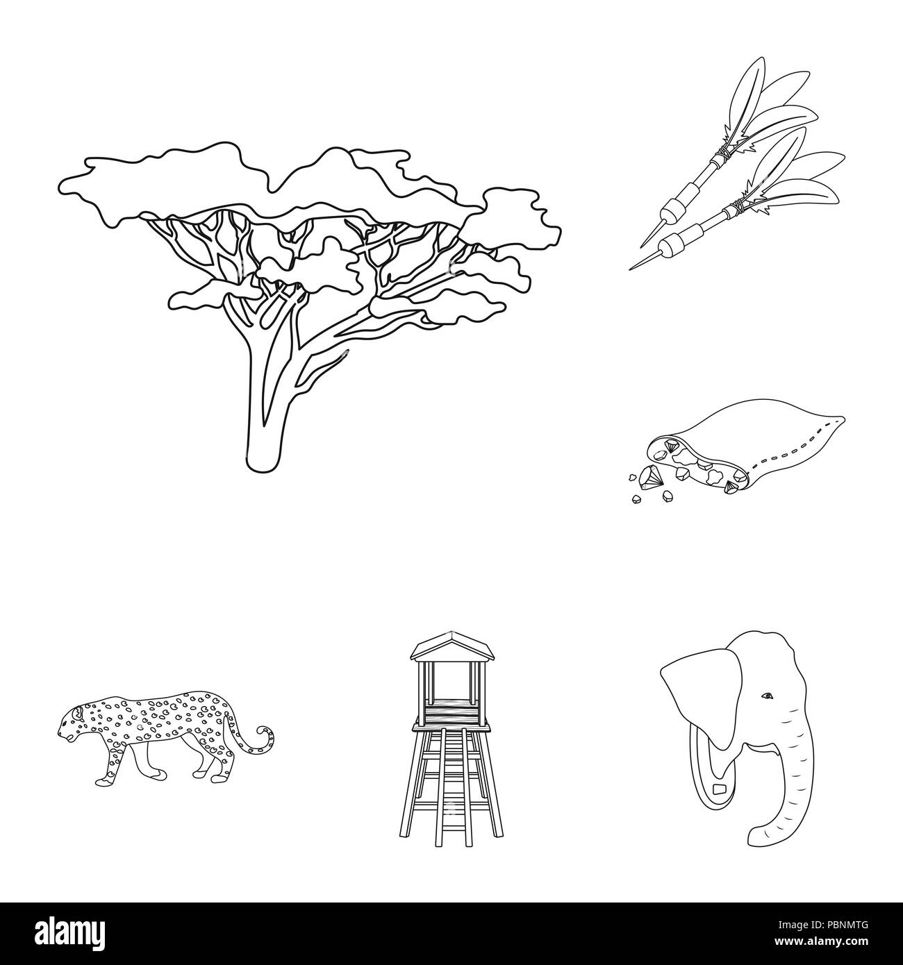 Safari Africano icone di contorno nel set di raccolta per il design. I trofei e attrezzature per Safari simbolo vettore illustrazione stock. Illustrazione Vettoriale
