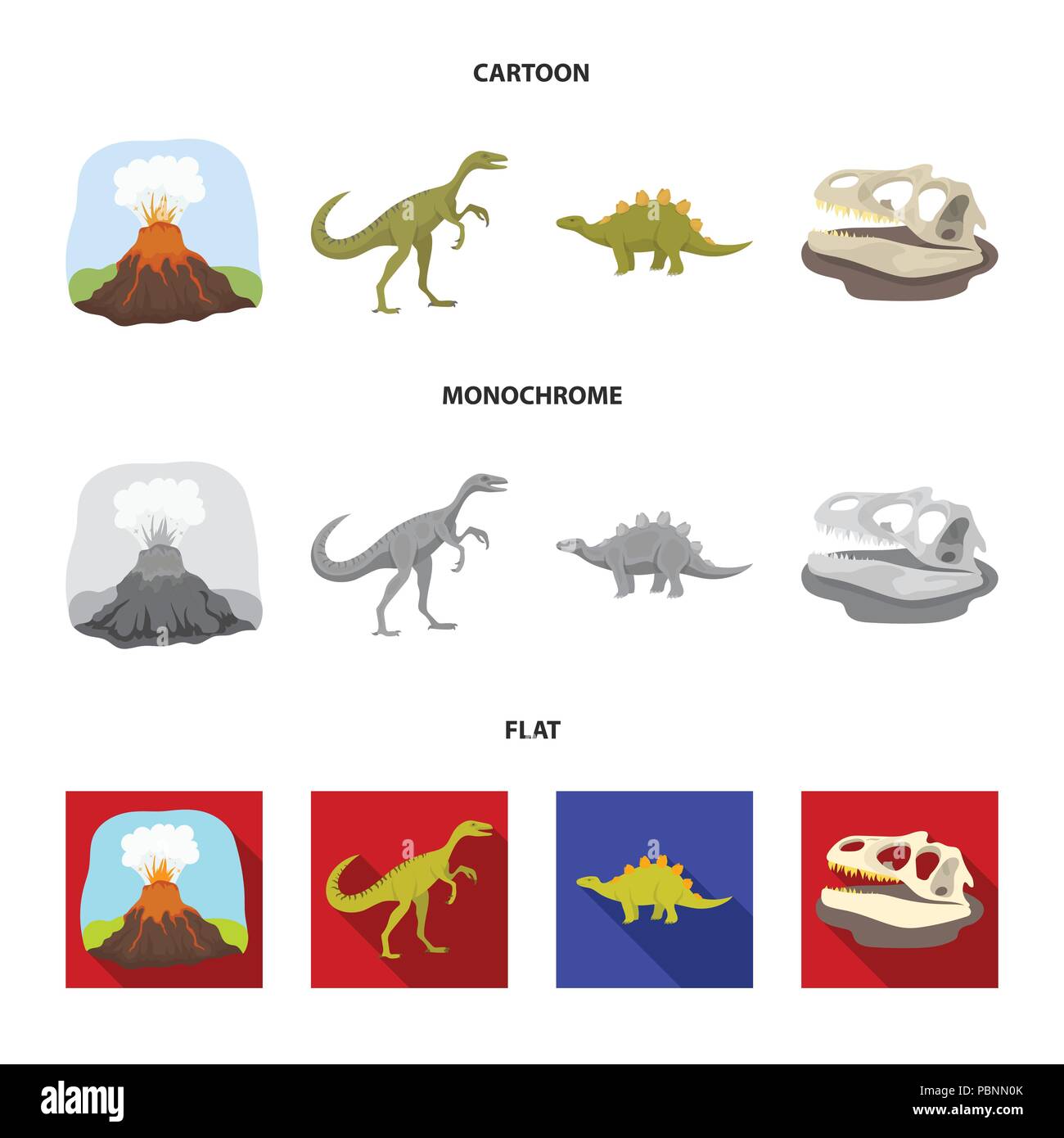Eruzione vulcanica, gallimimus, stegosaurus,teschio di dinosauro. Dinosauro e periodo preistorico set di icone di raccolta in cartoon,appartamento,stile monocromatico vecto Illustrazione Vettoriale