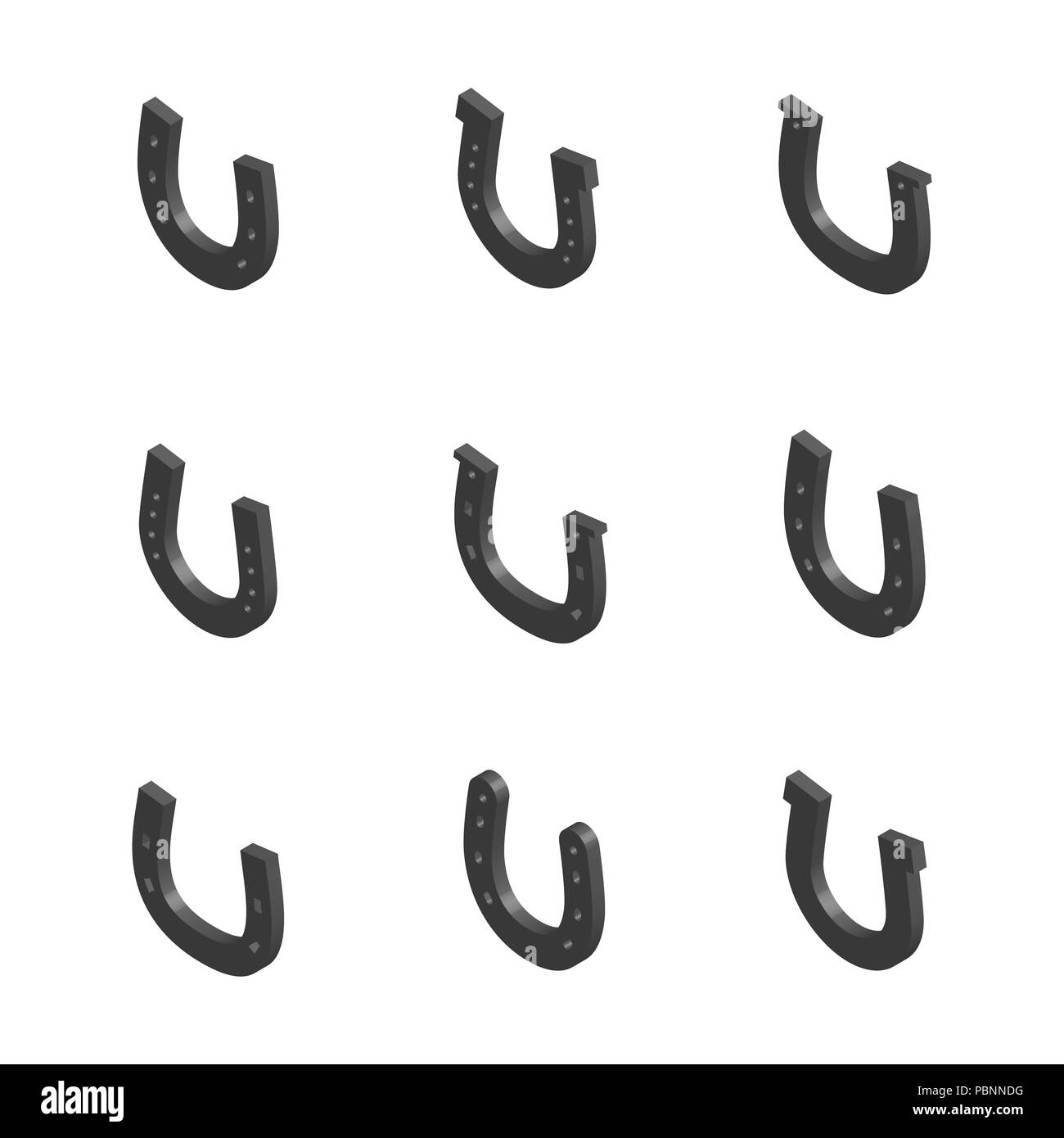Set di ferri di cavallo diversi isolati su sfondo bianco. 3D isometrica stile, illustrazione vettoriale Illustrazione Vettoriale