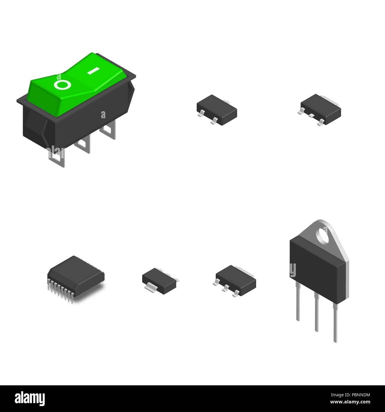 Insieme di diversi componenti elettronici attivi e passivi isolati su sfondo bianco. Resistore, condensatore, diodo, microcircuito, il fusibile e il pulsante. 3D Illustrazione Vettoriale