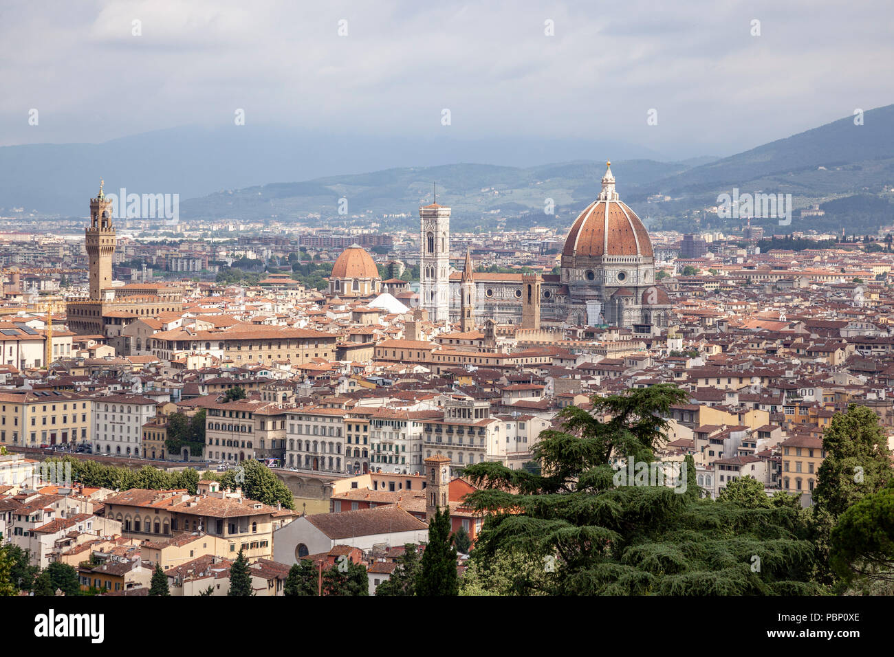 Una vista di Firenze prese dal punto di vista di San Miniato al Monte e concentrandosi su: il centro storico, Foto Stock