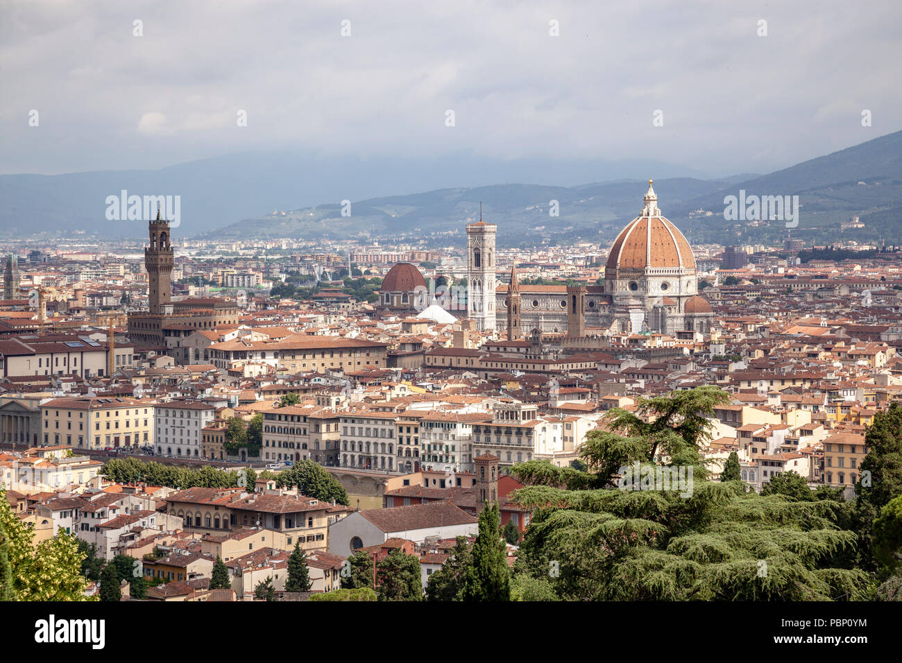 Una vista di Firenze prese dal punto di vista di San Miniato al Monte e concentrandosi su: il centro storico, Foto Stock