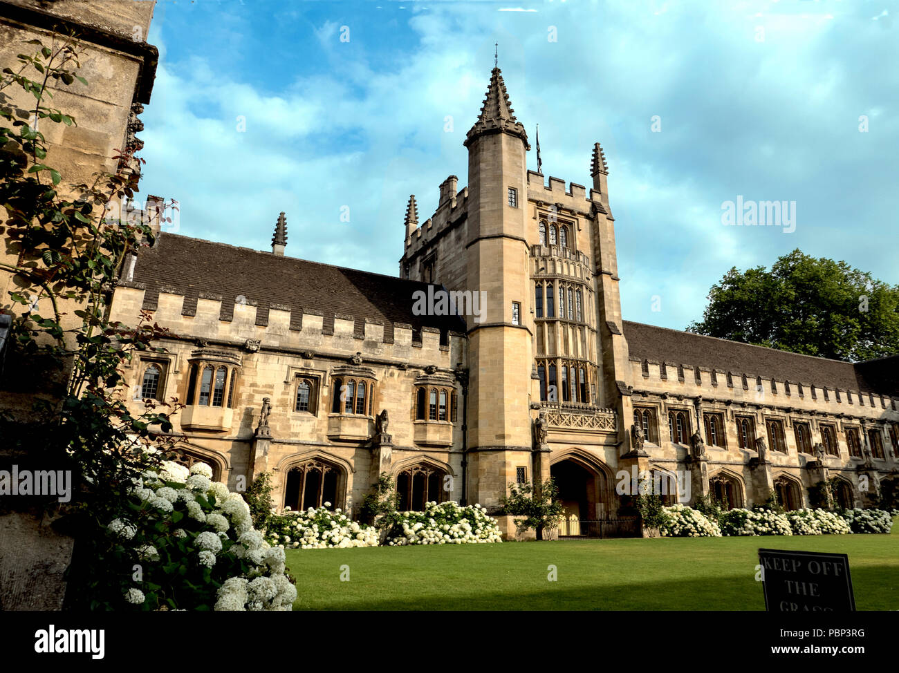 Vista su giardini di fondatori Tower e chiostri, Magdalen College di Oxford Foto Stock