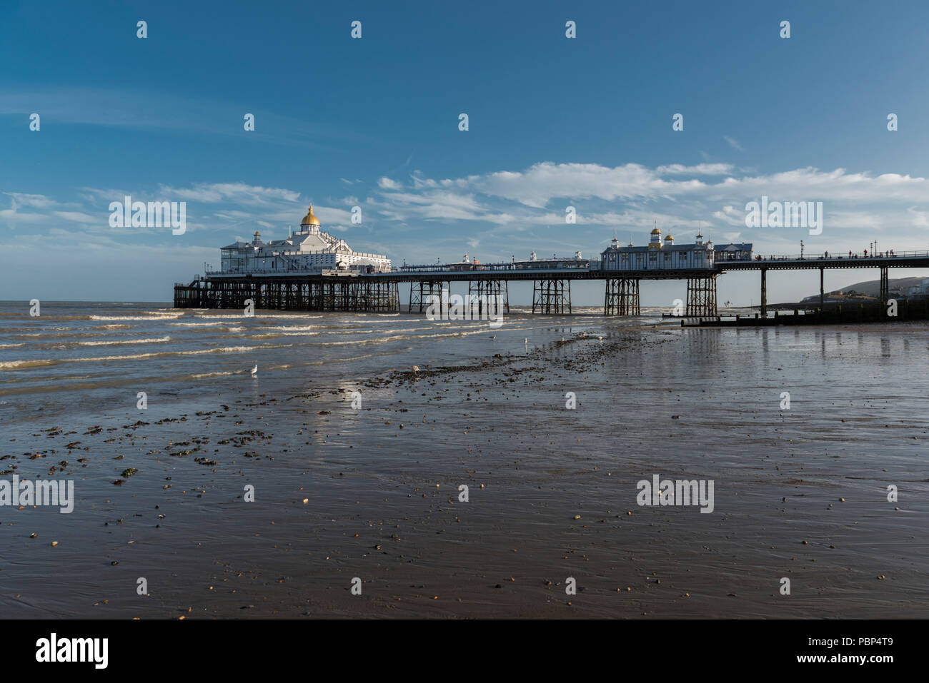 Eastbourne Pier a bassa marea sulla costa meridionale di East Sussex, Inghilterra, Regno Unito. Foto Stock