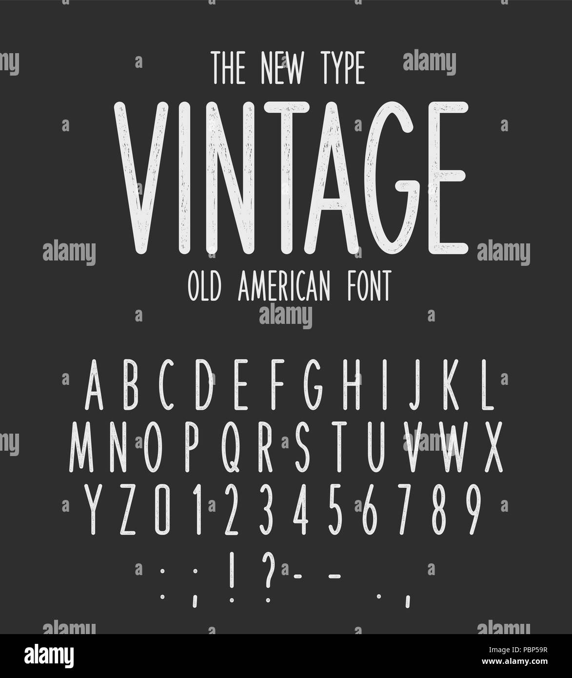 Vintage tipo stretto, di lettere moderne design, vecchio carattere americano. Retro bianco le lettere e i numeri impostati su sfondo nero. Stile grunge alfabeto di vettore per logo, monogramma, etichetta ed emblema del design. Illustrazione Vettoriale