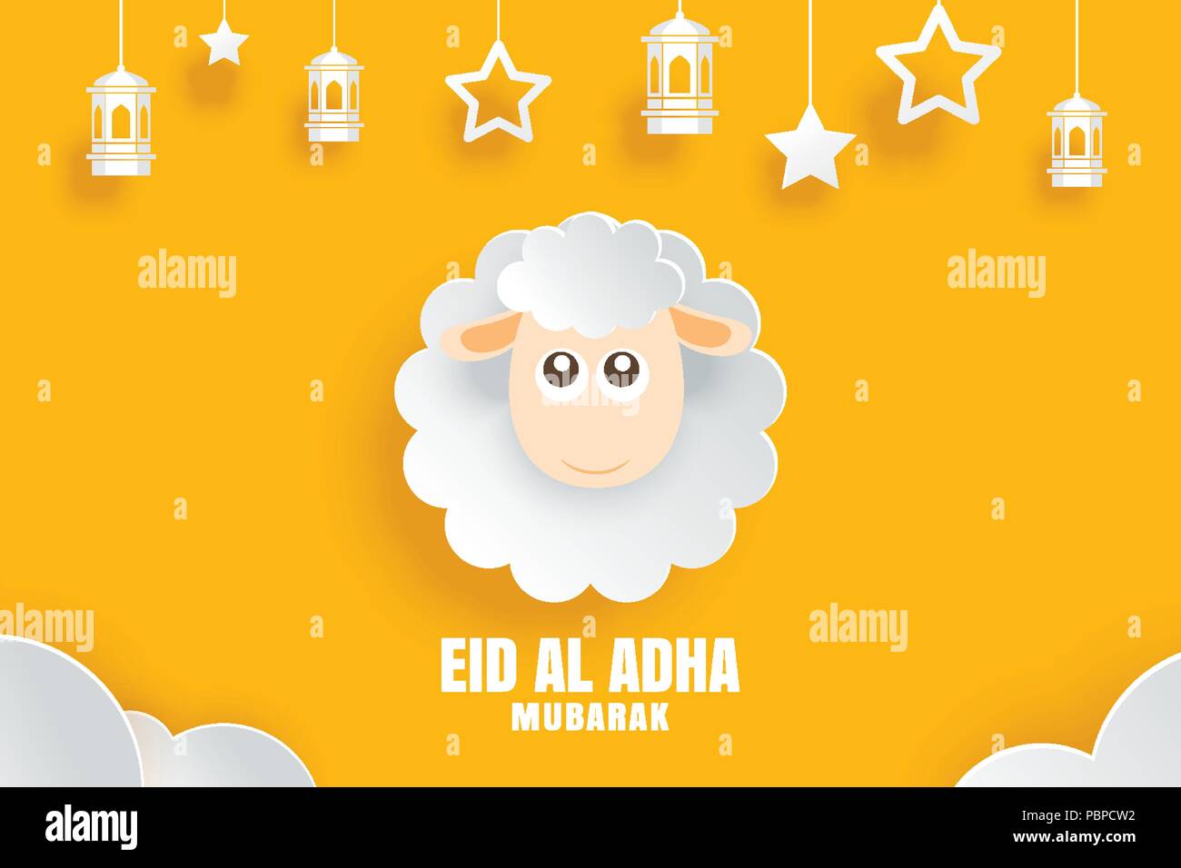 L'Eid Al Adha Mubarak celebrazione card con pecora in carta arte sfondo giallo. Utilizzare per banner, poster, volantini, brochure del modello di vendita. Illustrazione Vettoriale