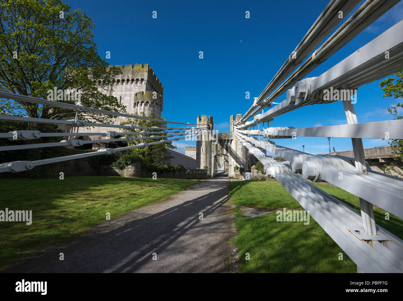 Cavi metallici a Conwy ponte di sospensione. Una famosa caratteristica della città di Conwy in Galles del Nord, Regno Unito. Foto Stock