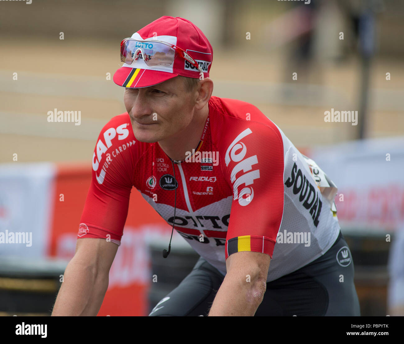 La Sfilata delle Guardie a Cavallo, Londra, Regno Unito. 29 Luglio, 2018. La Gran Bretagna è solo uomini UCI WorldTour gara linee fino ad inizio gara nel centro di Londra con i piloti e le squadre presentato agli spettatori. Foto: Andre Greipel del team Lotto Soudal. Credito: Malcolm Park/Alamy Live News. Foto Stock