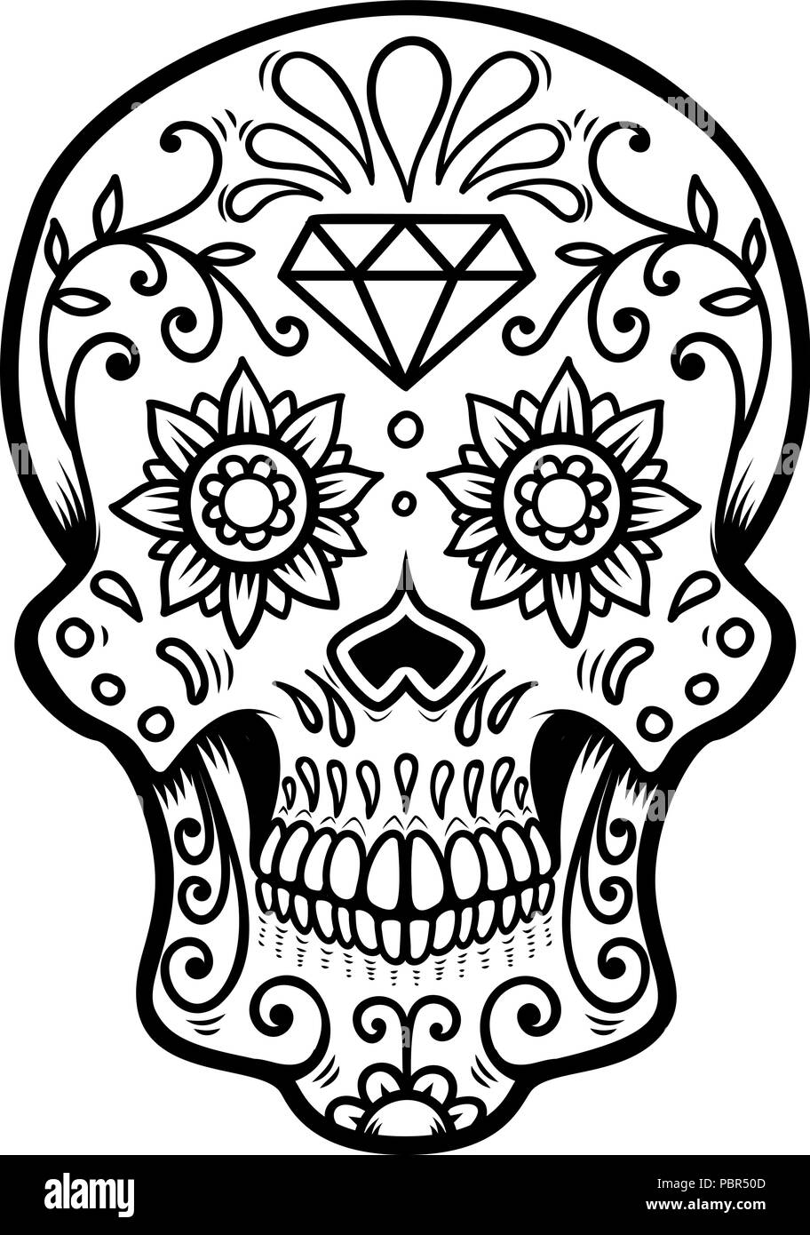 Cranio di zucchero isolato su sfondo bianco. Il giorno dei morti. Il dia de los Muertos. Elemento di design per poster, scheda, banner, stampa. Illustrazione Vettoriale Illustrazione Vettoriale